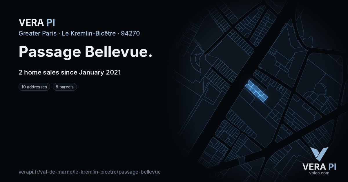 Passage Bellevue, Le Kremlin-Bicêtre at night – every parcel coloured by the prices around it, the street's own parcels lit