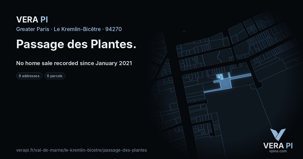 Passage des Plantes, Le Kremlin-Bicêtre at night – every parcel coloured by the prices around it, the street's own parcels lit