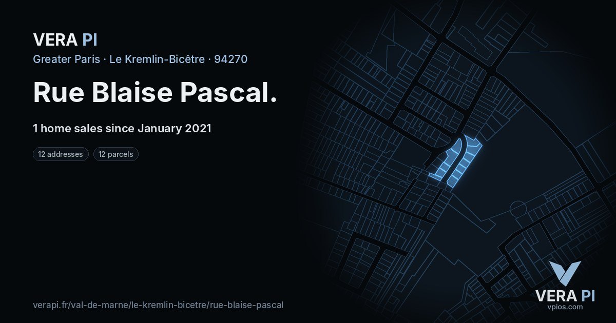Rue Blaise Pascal, Le Kremlin-Bicêtre at night – every parcel coloured by the prices around it, the street's own parcels lit