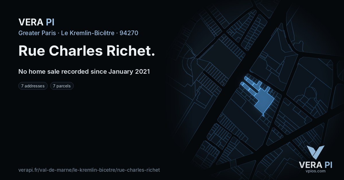 Rue Charles Richet, Le Kremlin-Bicêtre at night – every parcel coloured by the prices around it, the street's own parcels lit