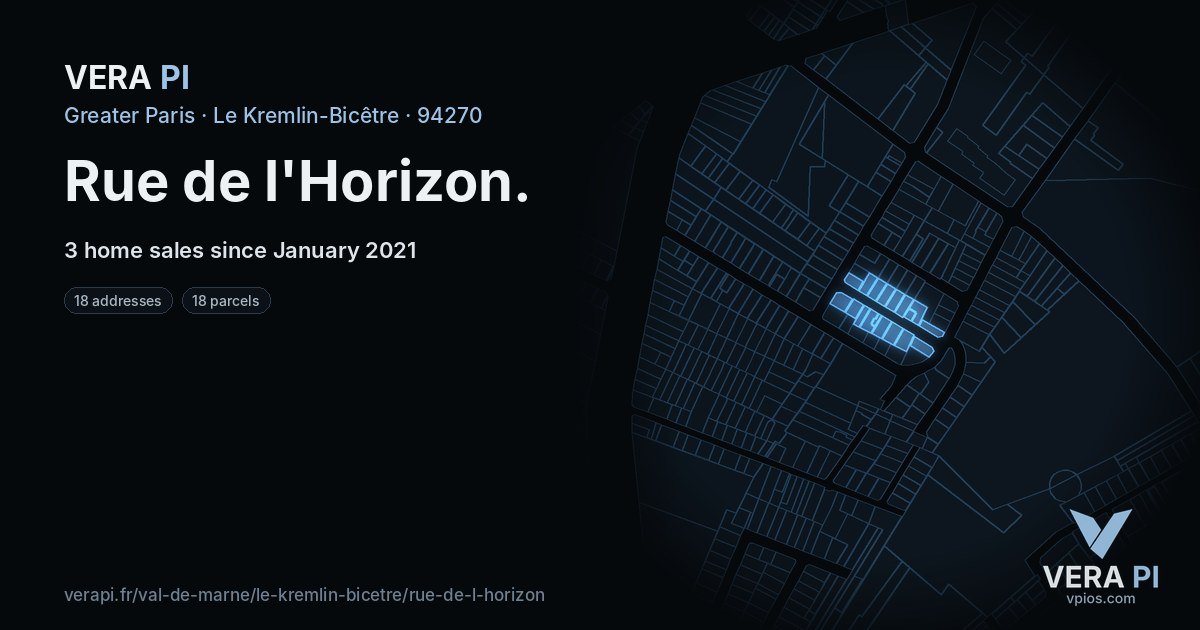 Rue de l'Horizon, Le Kremlin-Bicêtre at night – every parcel coloured by the prices around it, the street's own parcels lit