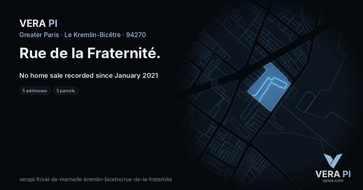 Rue de la Fraternité, Le Kremlin-Bicêtre at night – every parcel coloured by the prices around it, the street's own parcels lit