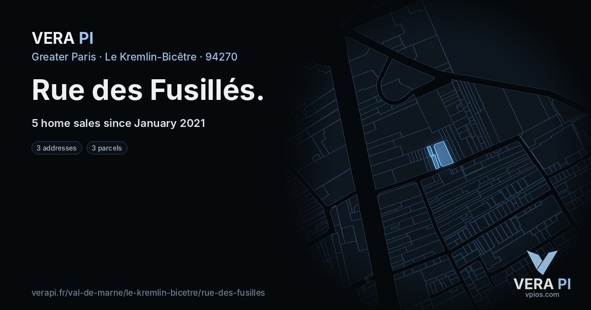 Rue des Fusillés, Le Kremlin-Bicêtre at night – every parcel coloured by the prices around it, the street's own parcels lit
