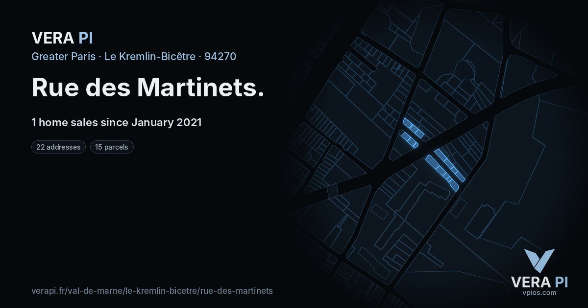 Rue des Martinets, Le Kremlin-Bicêtre at night – every parcel coloured by the prices around it, the street's own parcels lit