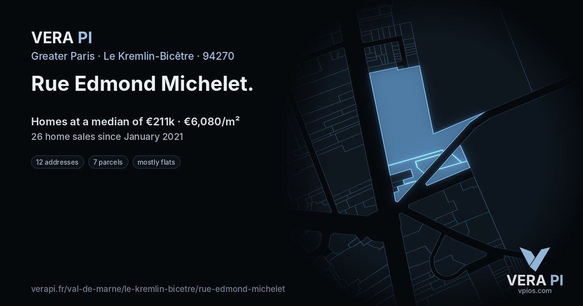 Rue Edmond Michelet, Le Kremlin-Bicêtre at night – every parcel coloured by the prices around it, the street's own parcels lit