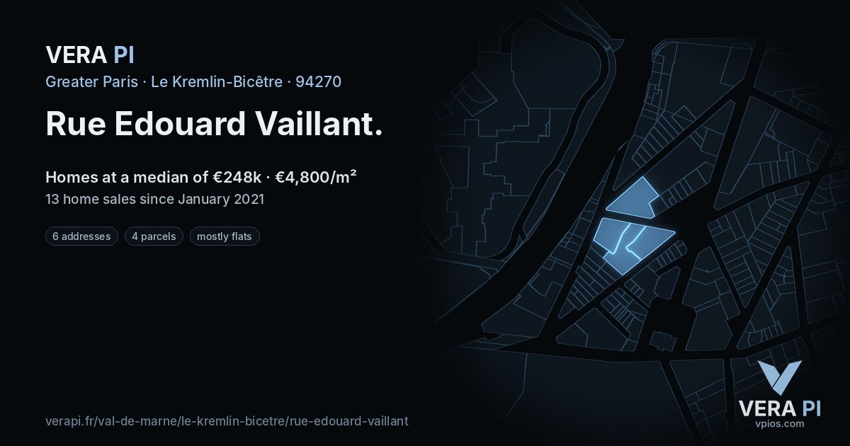 Rue Edouard Vaillant, Le Kremlin-Bicêtre at night – every parcel coloured by the prices around it, the street's own parcels lit