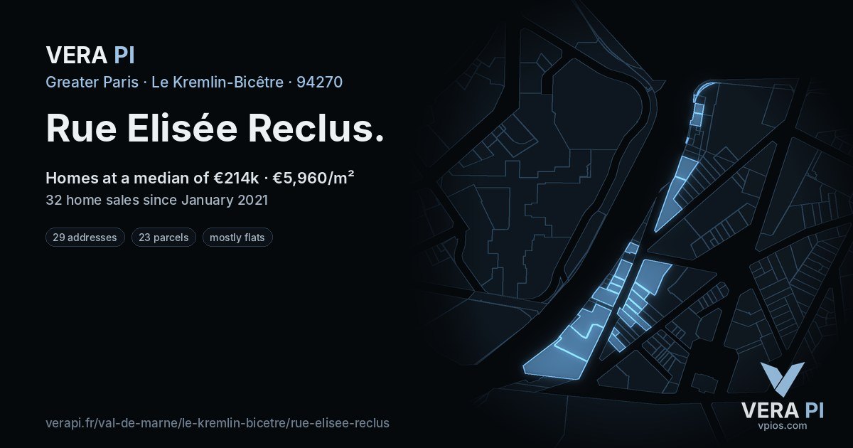 Rue Elisée Reclus, Le Kremlin-Bicêtre at night – every parcel coloured by the prices around it, the street's own parcels lit