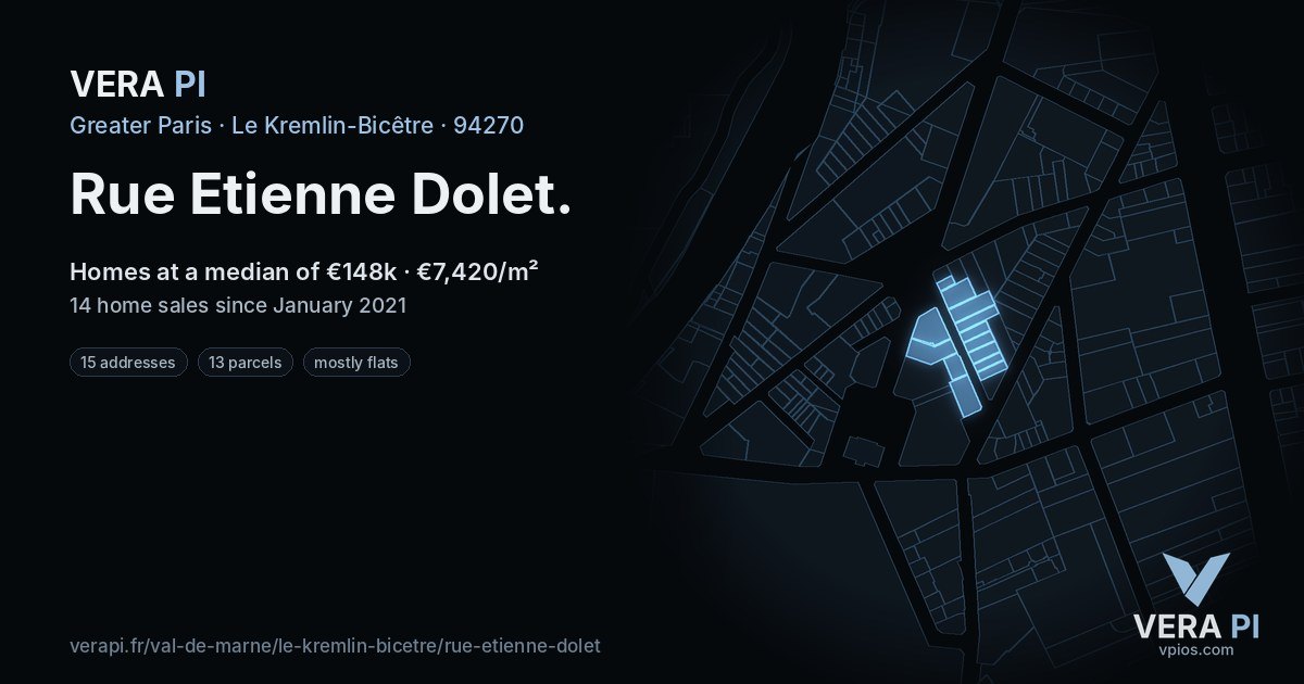 Rue Etienne Dolet, Le Kremlin-Bicêtre at night – every parcel coloured by the prices around it, the street's own parcels lit