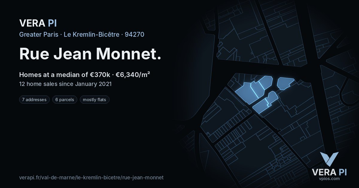 Rue Jean Monnet, Le Kremlin-Bicêtre at night – every parcel coloured by the prices around it, the street's own parcels lit