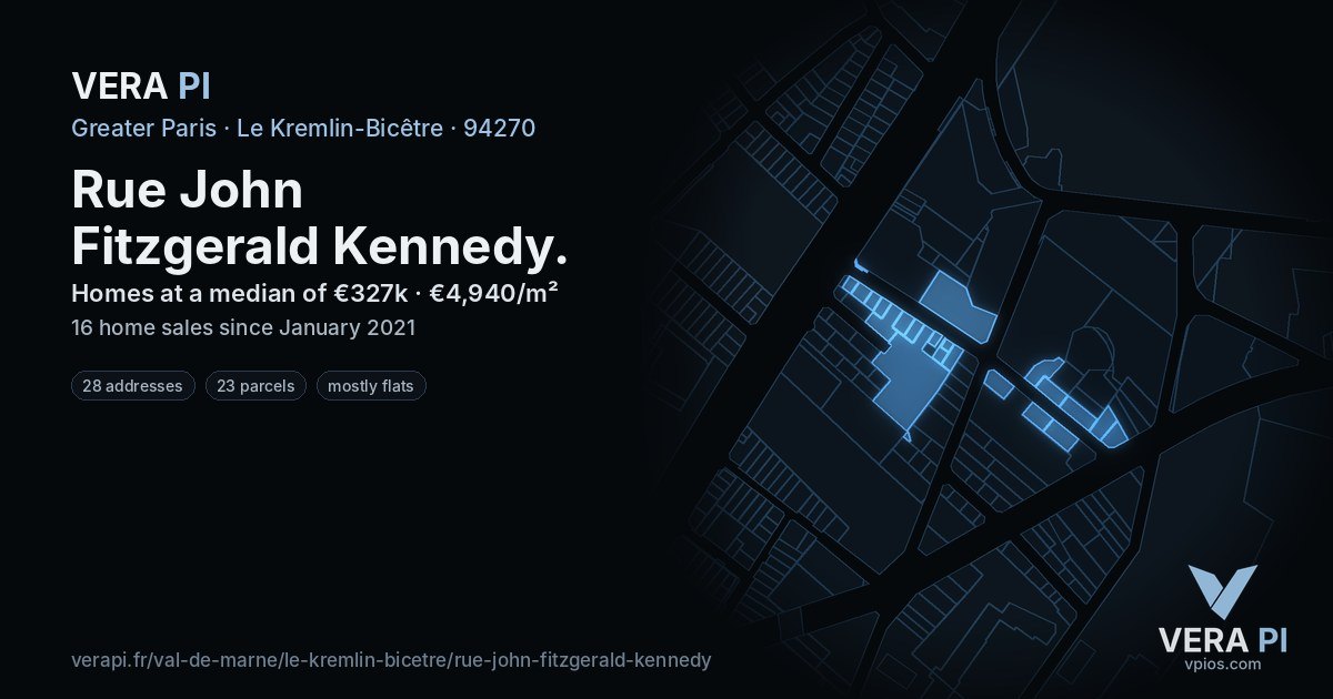 Rue John Fitzgerald Kennedy, Le Kremlin-Bicêtre at night – every parcel coloured by the prices around it, the street's own parcels lit