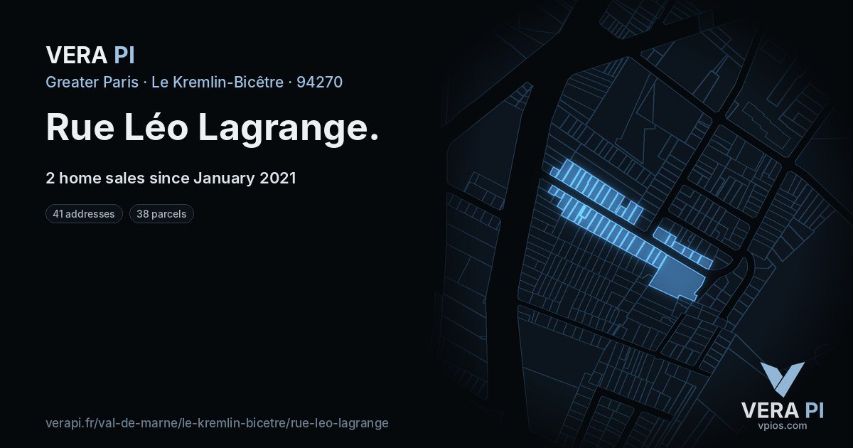 Rue Léo Lagrange, Le Kremlin-Bicêtre at night – every parcel coloured by the prices around it, the street's own parcels lit