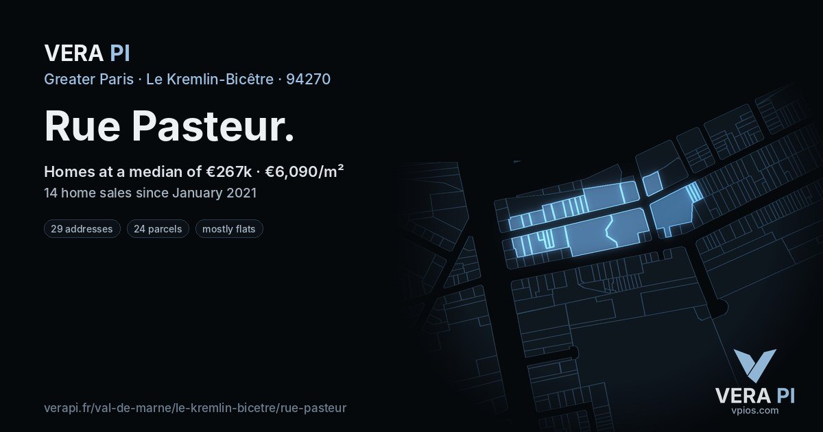 Rue Pasteur, Le Kremlin-Bicêtre at night – every parcel coloured by the prices around it, the street's own parcels lit