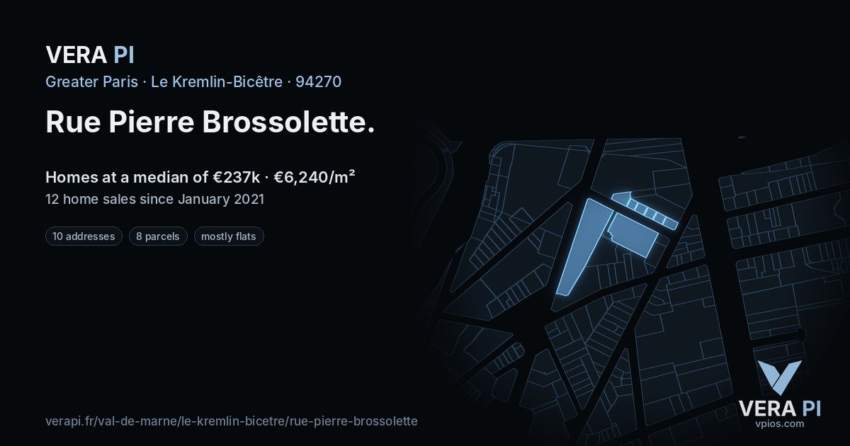 Rue Pierre Brossolette, Le Kremlin-Bicêtre at night – every parcel coloured by the prices around it, the street's own parcels lit