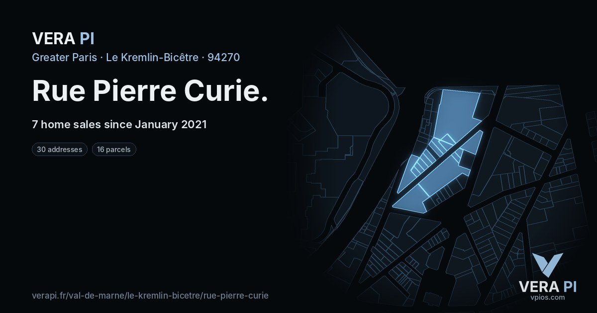 Rue Pierre Curie, Le Kremlin-Bicêtre at night – every parcel coloured by the prices around it, the street's own parcels lit
