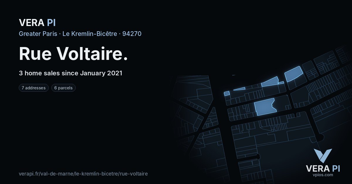 Rue Voltaire, Le Kremlin-Bicêtre at night – every parcel coloured by the prices around it, the street's own parcels lit