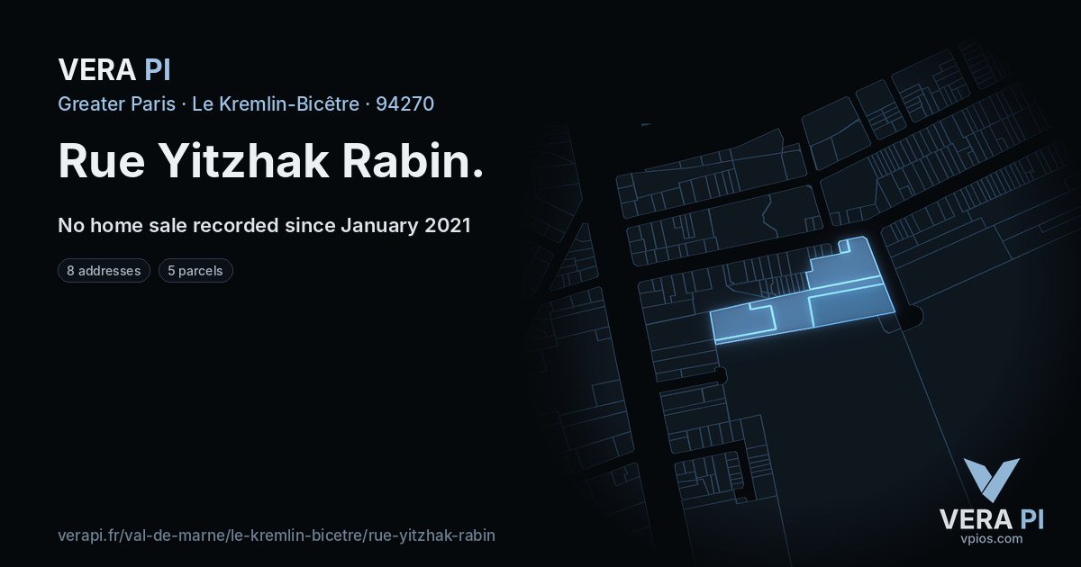 Rue Yitzhak Rabin, Le Kremlin-Bicêtre at night – every parcel coloured by the prices around it, the street's own parcels lit