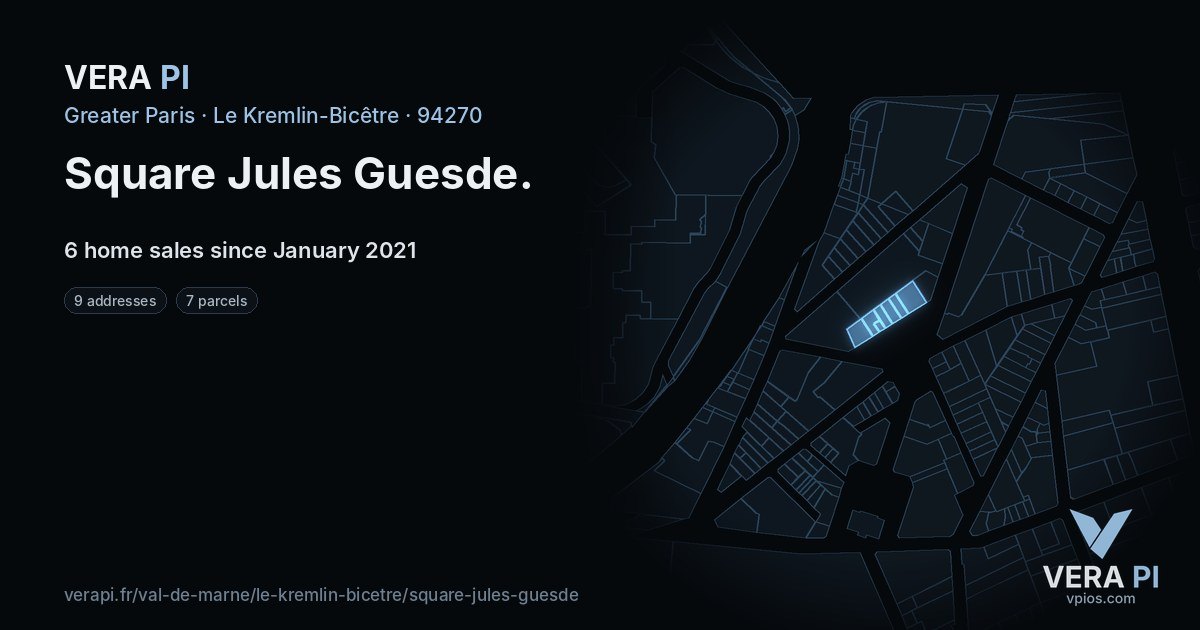Square Jules Guesde, Le Kremlin-Bicêtre at night – every parcel coloured by the prices around it, the street's own parcels lit