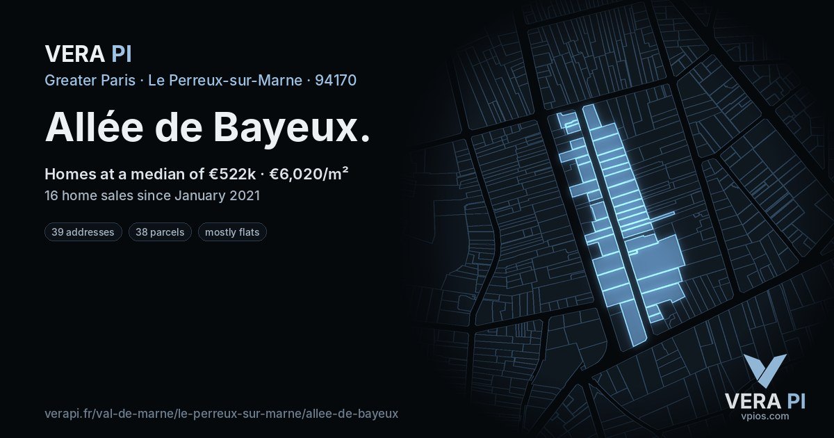 Allée de Bayeux, Le Perreux-sur-Marne at night – every parcel coloured by the prices around it, the street's own parcels lit