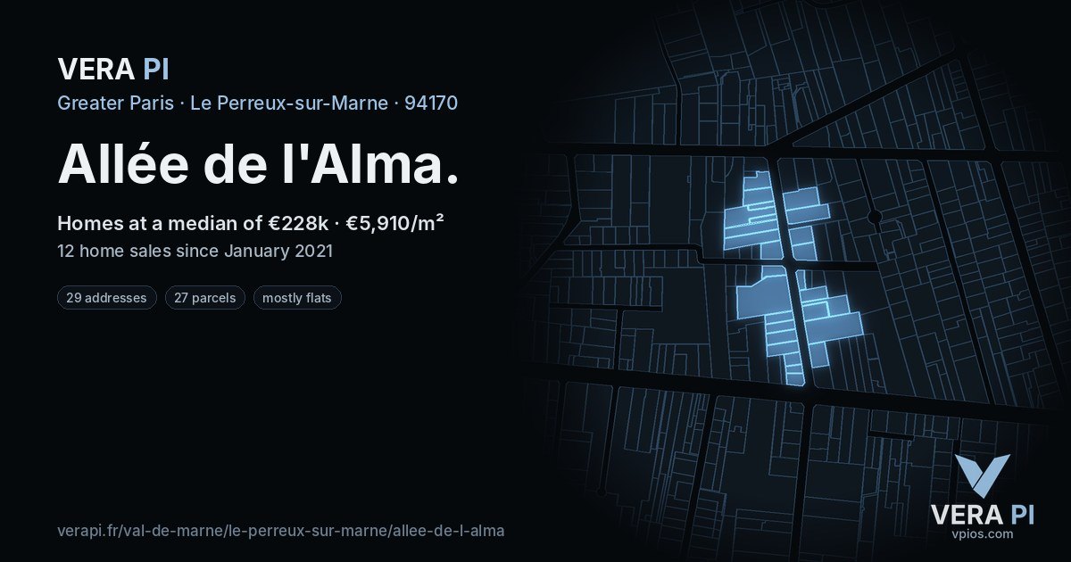 Allée de l'Alma, Le Perreux-sur-Marne at night – every parcel coloured by the prices around it, the street's own parcels lit