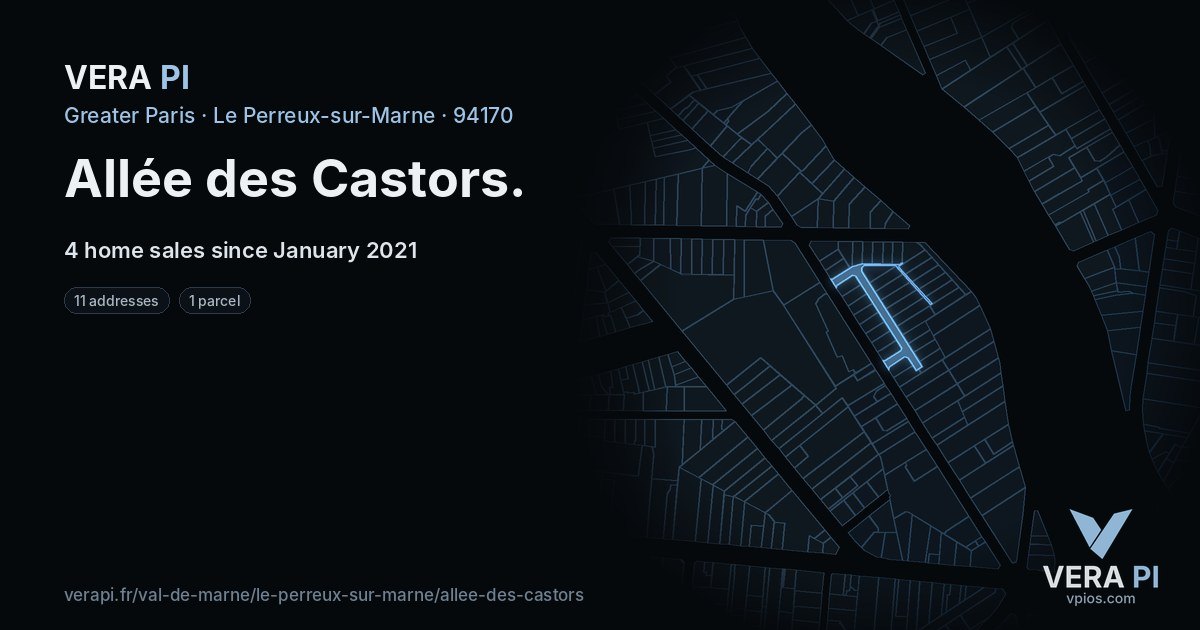 Allée des Castors, Le Perreux-sur-Marne at night – every parcel coloured by the prices around it, the street's own parcels lit