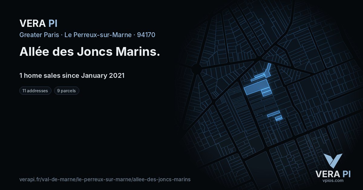 Allée des Joncs Marins, Le Perreux-sur-Marne at night – every parcel coloured by the prices around it, the street's own parcels lit