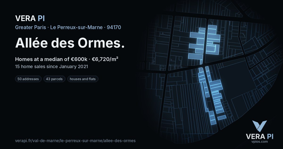 Allée des Ormes, Le Perreux-sur-Marne at night – every parcel coloured by the prices around it, the street's own parcels lit