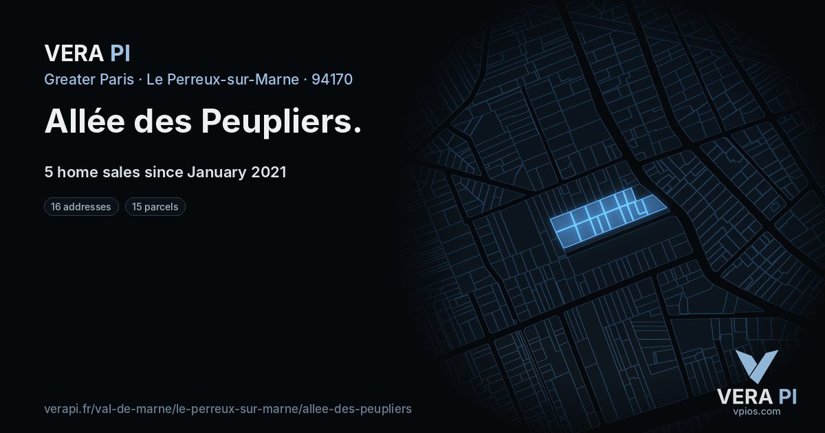 Allée des Peupliers, Le Perreux-sur-Marne at night – every parcel coloured by the prices around it, the street's own parcels lit