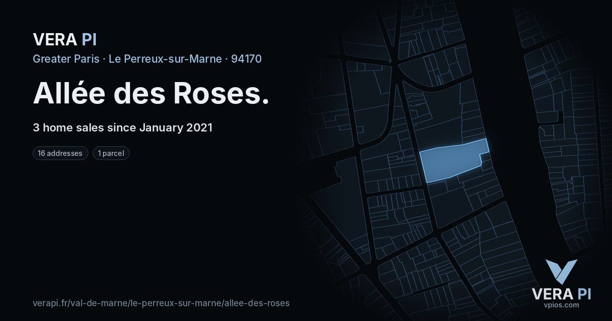 Allée des Roses, Le Perreux-sur-Marne at night – every parcel coloured by the prices around it, the street's own parcels lit