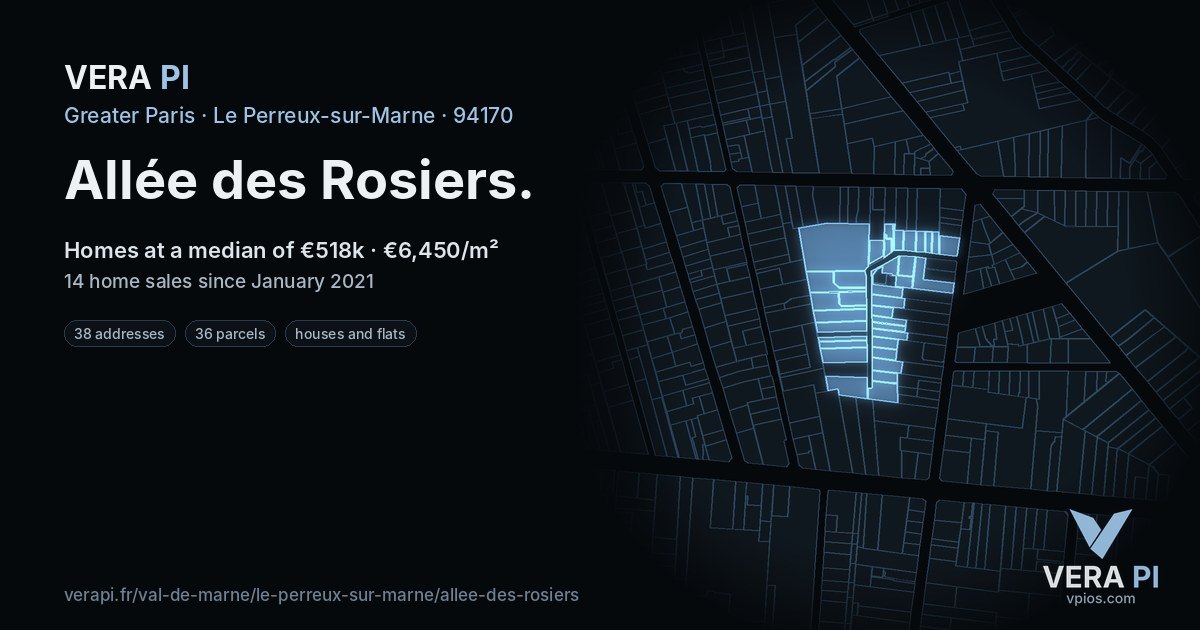 Allée des Rosiers, Le Perreux-sur-Marne at night – every parcel coloured by the prices around it, the street's own parcels lit