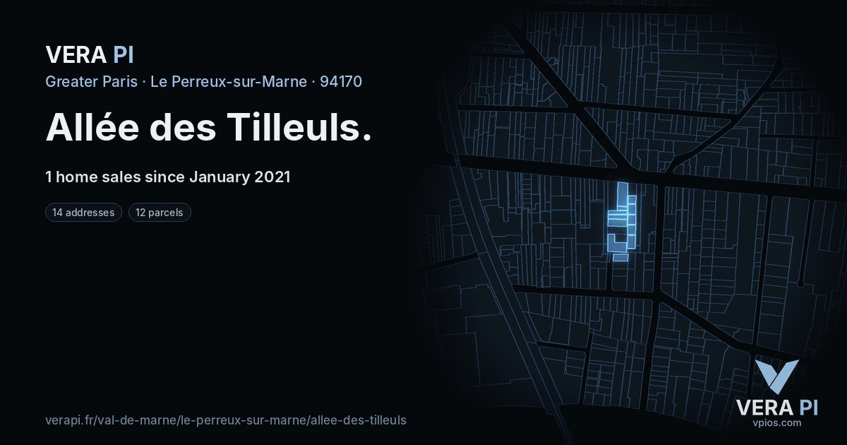 Allée des Tilleuls, Le Perreux-sur-Marne at night – every parcel coloured by the prices around it, the street's own parcels lit