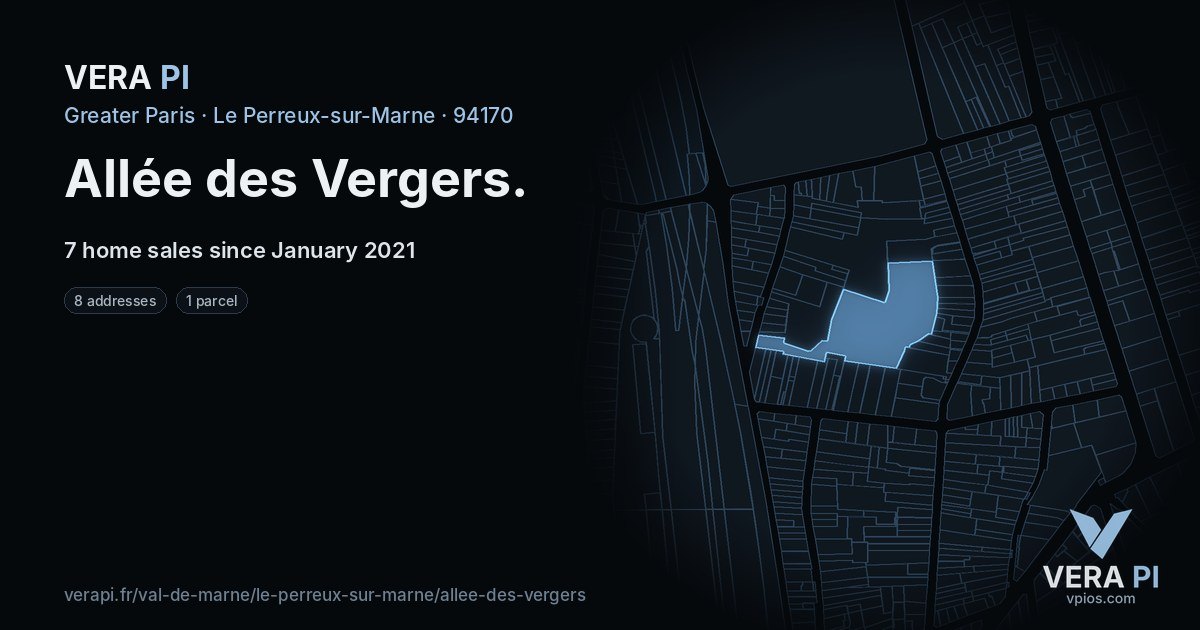 Allée des Vergers, Le Perreux-sur-Marne at night – every parcel coloured by the prices around it, the street's own parcels lit