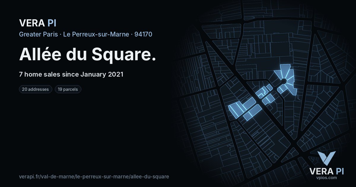 Allée du Square, Le Perreux-sur-Marne at night – every parcel coloured by the prices around it, the street's own parcels lit