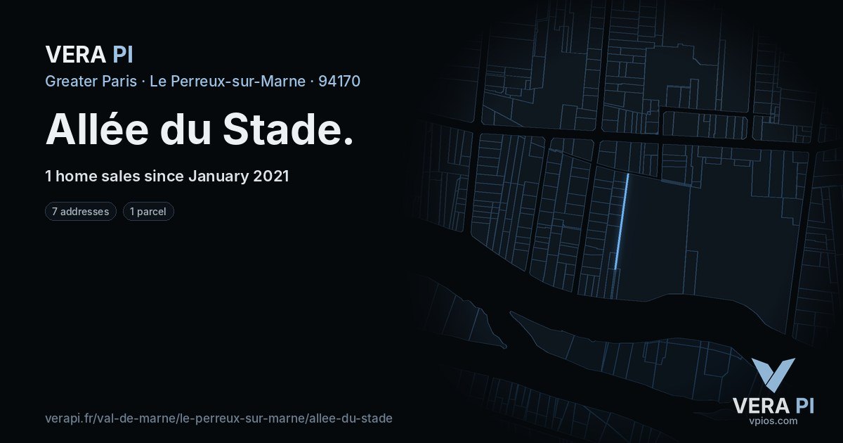 Allée du Stade, Le Perreux-sur-Marne at night – every parcel coloured by the prices around it, the street's own parcels lit
