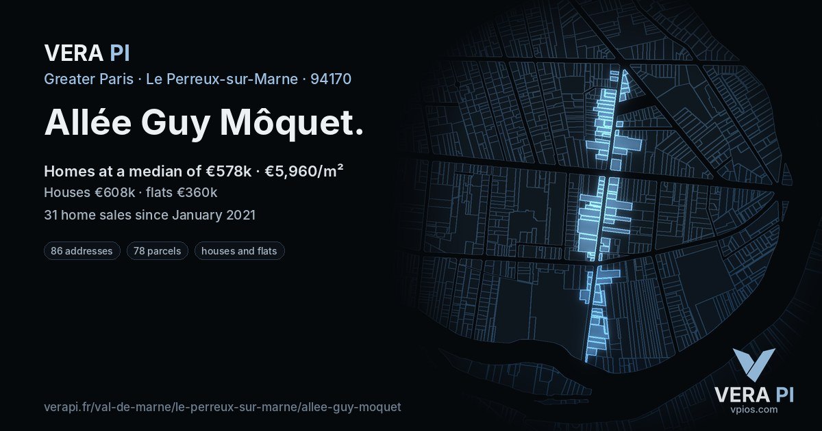 Allée Guy Môquet, Le Perreux-sur-Marne at night – every parcel coloured by the prices around it, the street's own parcels lit