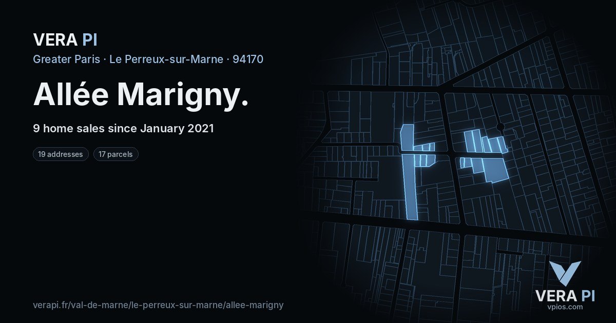 Allée Marigny, Le Perreux-sur-Marne at night – every parcel coloured by the prices around it, the street's own parcels lit
