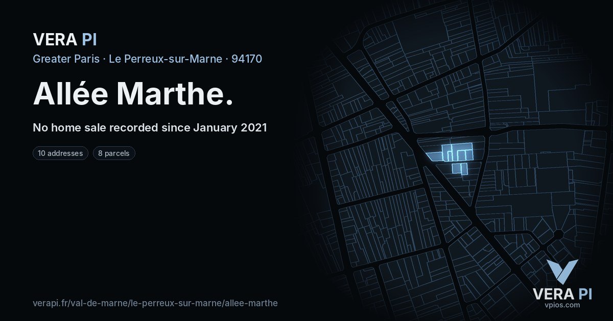 Allée Marthe, Le Perreux-sur-Marne at night – every parcel coloured by the prices around it, the street's own parcels lit
