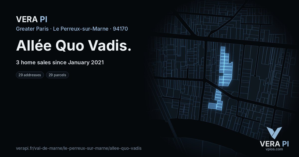 Allée Quo Vadis, Le Perreux-sur-Marne at night – every parcel coloured by the prices around it, the street's own parcels lit