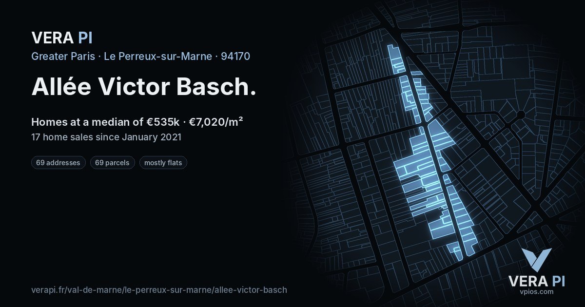 Allée Victor Basch, Le Perreux-sur-Marne at night – every parcel coloured by the prices around it, the street's own parcels lit