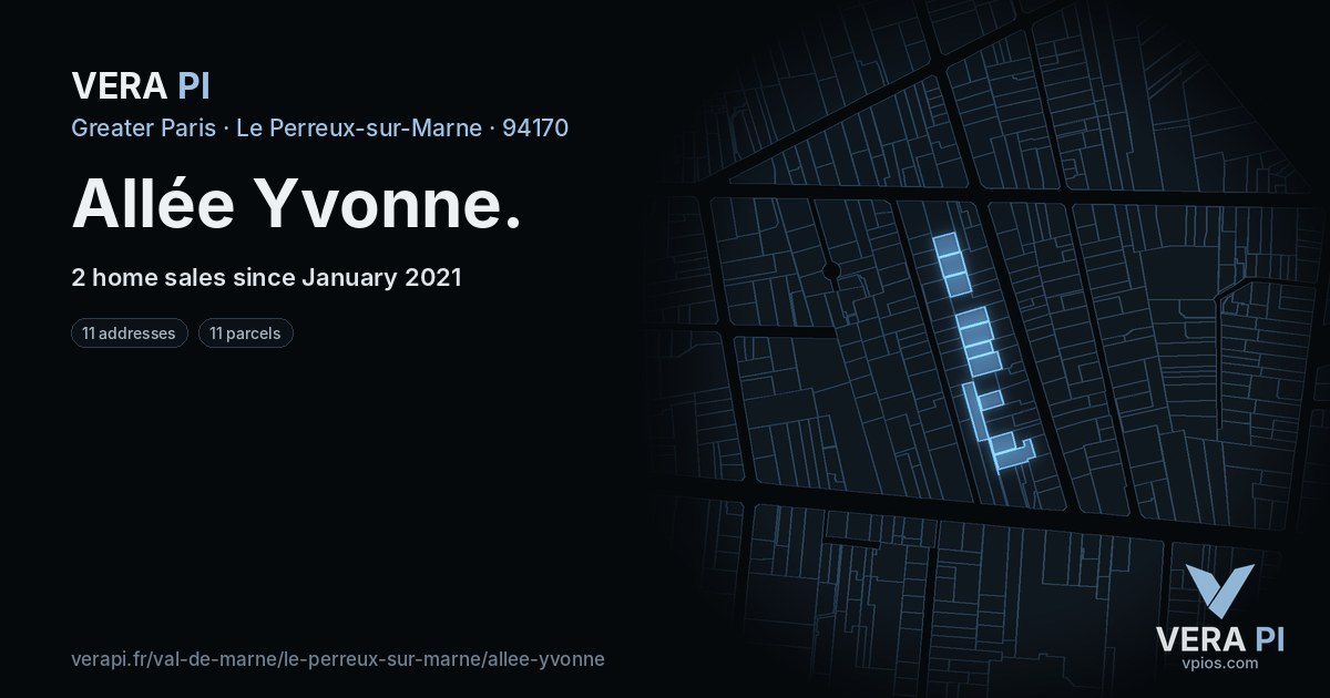 Allée Yvonne, Le Perreux-sur-Marne at night – every parcel coloured by the prices around it, the street's own parcels lit