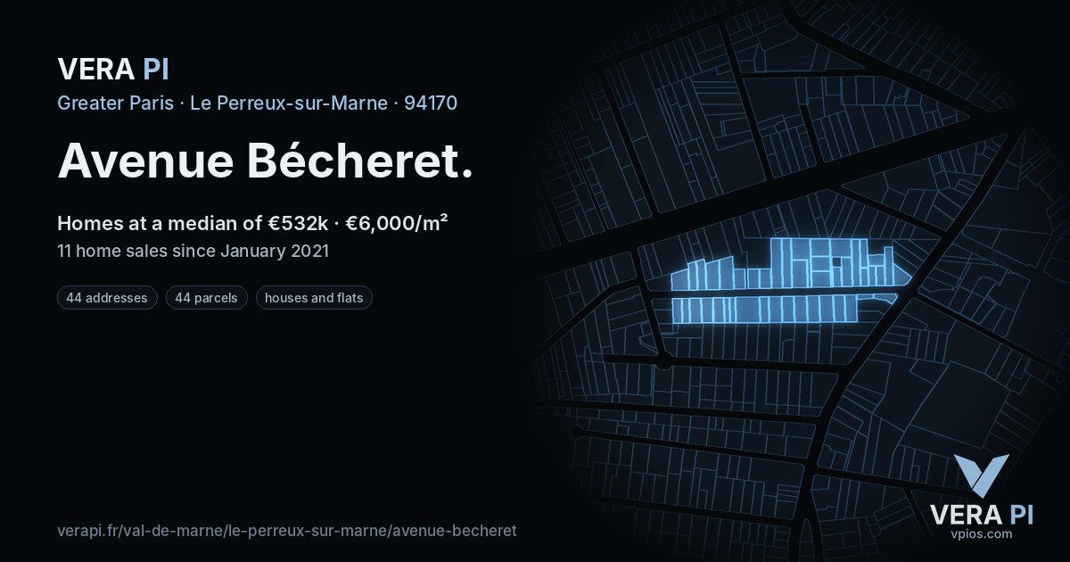 Avenue Bécheret, Le Perreux-sur-Marne at night – every parcel coloured by the prices around it, the street's own parcels lit