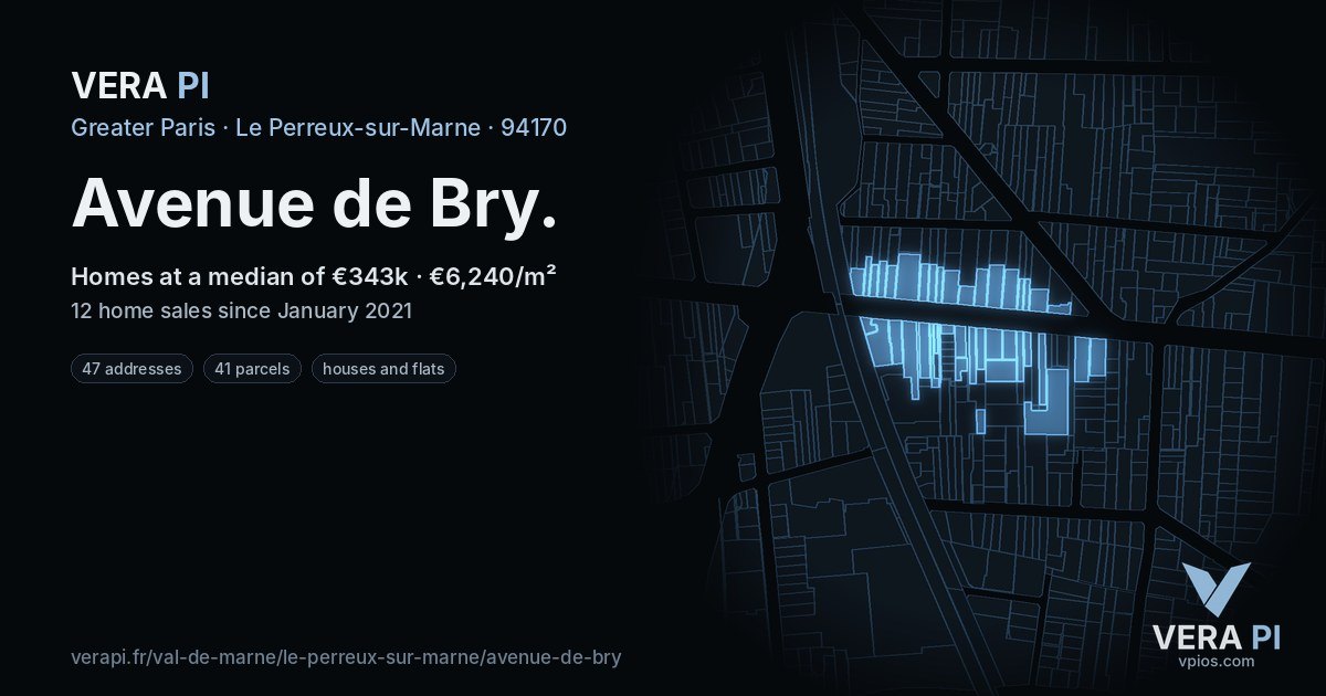 Avenue de Bry, Le Perreux-sur-Marne at night – every parcel coloured by the prices around it, the street's own parcels lit