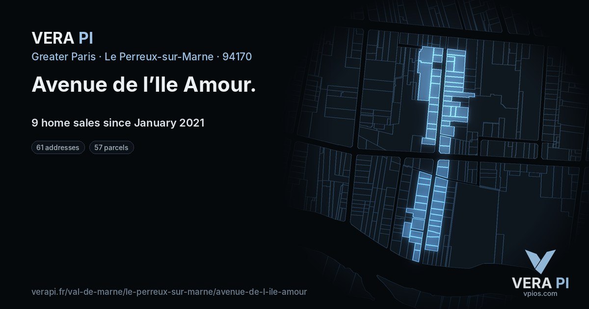 Avenue de l’Ile Amour, Le Perreux-sur-Marne at night – every parcel coloured by the prices around it, the street's own parcels lit