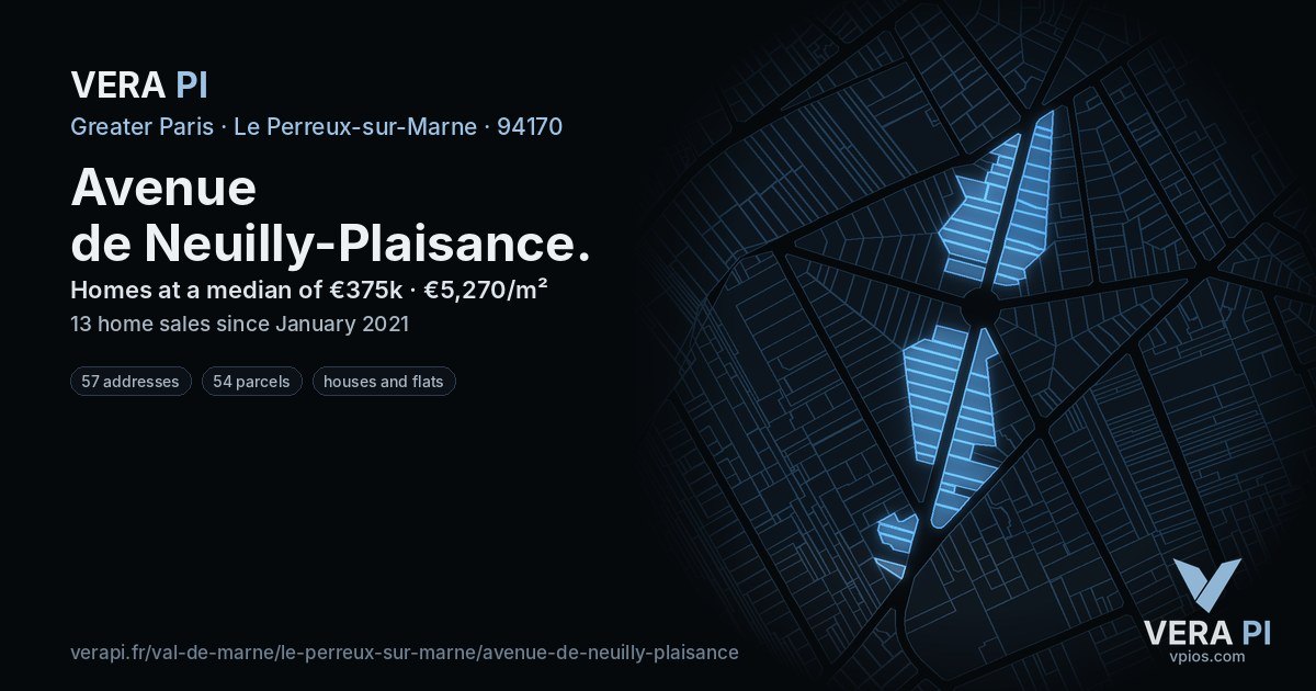 Avenue de Neuilly-Plaisance, Le Perreux-sur-Marne at night – every parcel coloured by the prices around it, the street's own parcels lit