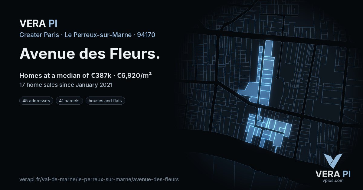 Avenue des Fleurs, Le Perreux-sur-Marne at night – every parcel coloured by the prices around it, the street's own parcels lit