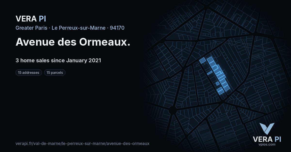Avenue des Ormeaux, Le Perreux-sur-Marne at night – every parcel coloured by the prices around it, the street's own parcels lit