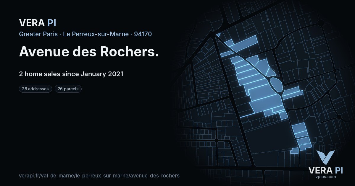 Avenue des Rochers, Le Perreux-sur-Marne at night – every parcel coloured by the prices around it, the street's own parcels lit