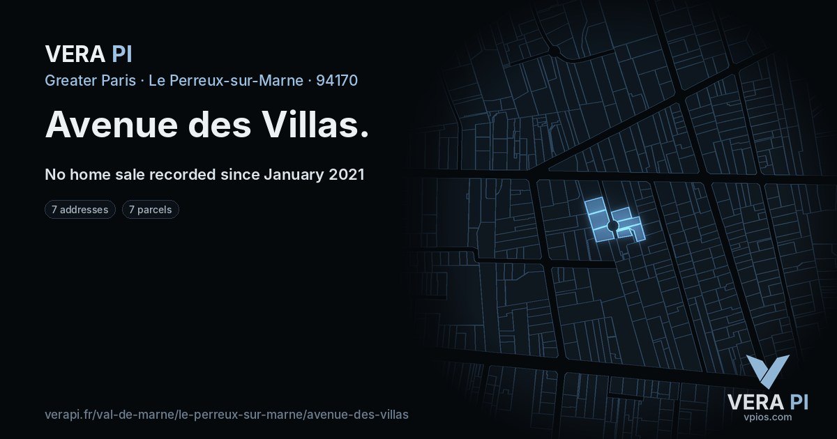 Avenue des Villas, Le Perreux-sur-Marne at night – every parcel coloured by the prices around it, the street's own parcels lit