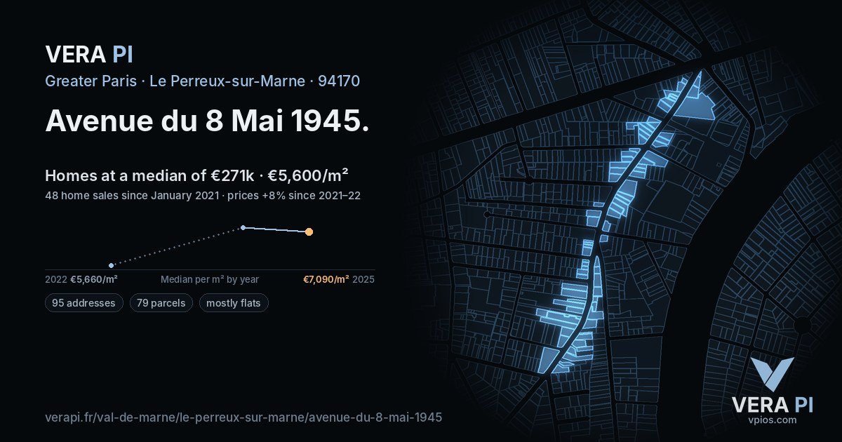 Avenue du 8 Mai 1945, Le Perreux-sur-Marne at night – every parcel coloured by the prices around it, the street's own parcels lit