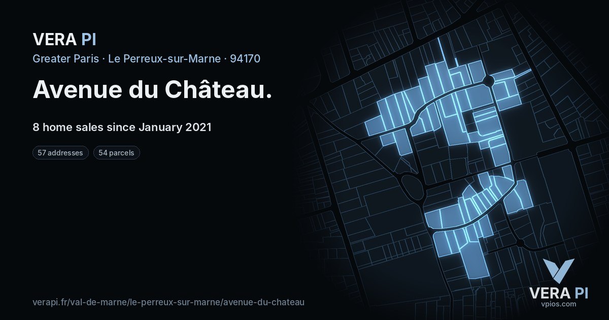 Avenue du Château, Le Perreux-sur-Marne at night – every parcel coloured by the prices around it, the street's own parcels lit