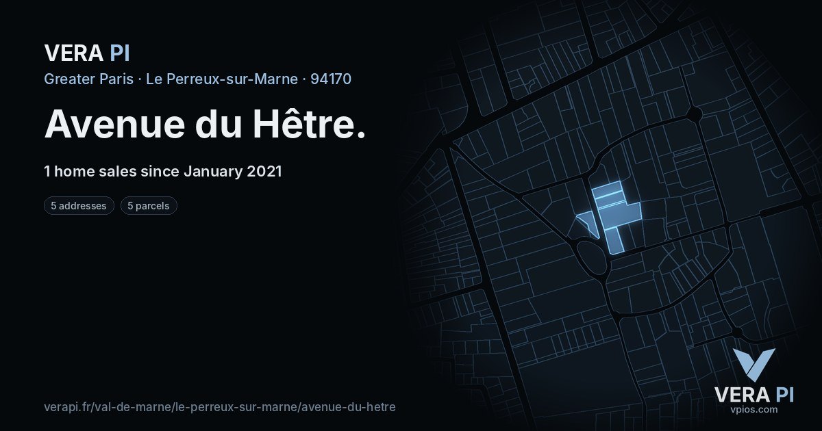 Avenue du Hêtre, Le Perreux-sur-Marne at night – every parcel coloured by the prices around it, the street's own parcels lit